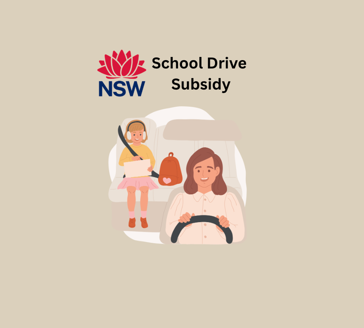 A mum driving a child in the car with nsw government logo and school drive subsidy heading