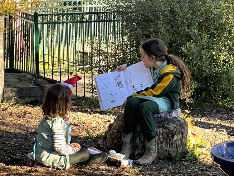 a student sitting on a tree stump reading to a younger student